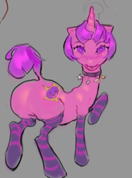 Size: 626x843 | Tagged: safe, artist:gungulon, pony, unicorn, ambiguous gender, butt, clothes, looking at you, plot, purple eyes, short hair, socks, solo, stockings, striped socks, thigh highs