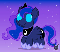 Size: 1347x1177 | Tagged: safe, artist:wheatley r.h., derpibooru exclusive, princess luna, alicorn, pony, g4, chibi, female, gradient background, mare, night, night sky, simple background, sky, solo, stars, vector, watermark