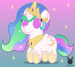 Size: 1320x1177 | Tagged: safe, artist:wheatley r.h., derpibooru exclusive, princess celestia, alicorn, pony, g4, chibi, female, gradient background, mare, simple background, solo, stars, vector, watermark