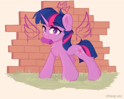 Size: 4096x3277 | Tagged: safe, artist:stravy_vox, twilight sparkle, pony, unicorn, g4, brick wall, chest fluff, ear fluff, eyebrows, eyebrows visible through hair, female, graffiti, grass, high res, horn, leg fluff, looking at you, mare, mouth hold, smiling, solo, unicorn twilight