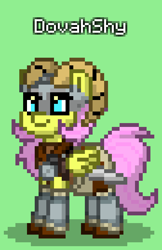 Size: 504x780 | Tagged: safe, fluttershy, pegasus, pony, pony town, g4, armor, crossover, dovahkiin, dovahshy, elder scrolls, green background, simple background, skyrim, solo, sword, the elder scrolls, weapon