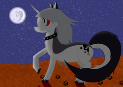 Size: 7016x4961 | Tagged: safe, artist:пшеница, derpibooru exclusive, demon, demon pony, hellhound, pony, unicorn, absurd resolution, collar, hellaverse, hellborn, hellhound pony, helluva boss, loona (helluva boss), moon, night, paw prints, ponified, raised hoof