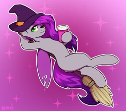 Size: 1880x1653 | Tagged: safe, artist:koapony, oc, oc only, changeling, pony, broom, coffee, eyebrows, eyebrows visible through hair, flying, flying broomstick, hat, one eye closed, solo, sparkles, wink, witch hat