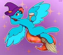 Size: 1880x1653 | Tagged: safe, artist:koapony, oc, oc only, pegasus, pony, broom, coffee, colored wings, colored wingtips, eyebrows, eyebrows visible through hair, flying, flying broomstick, hat, one eye closed, solo, sparkles, spread wings, two toned wings, wings, wink, witch hat