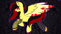 Size: 1920x1080 | Tagged: safe, artist:koapony, oc, oc:koa, pegasus, pony, blood, clothes, colored wings, colored wingtips, ear piercing, earring, fangs, fishnet stockings, jewelry, leg warmers, looking at you, open mouth, piercing, scene hair, socks, solo, striped socks, tongue out, two toned wings, wings