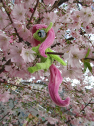 Size: 2736x3648 | Tagged: safe, alternate version, artist:malte279, part of a set, fluttershy, pony, g4, chenille, chenille stems, chenille wire, cherry blossoms, climbing, craft, flower, flower blossom, high res, irl, part of a series, photo, pipe cleaner sculpture, pipe cleaners