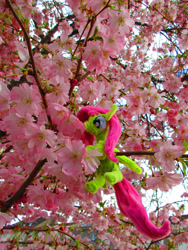 Size: 3379x4505 | Tagged: safe, alternate version, artist:malte279, part of a set, fluttershy, pony, g4, chenille, chenille stems, chenille wire, cherry blossoms, climbing, craft, flower, flower blossom, irl, part of a series, photo, pipe cleaner sculpture, pipe cleaners