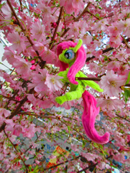 Size: 3864x5152 | Tagged: safe, alternate version, artist:malte279, part of a set, fluttershy, pony, g4, chenille, chenille stems, chenille wire, cherry blossoms, climbing, craft, flower, flower blossom, irl, part of a series, photo, pipe cleaner sculpture, pipe cleaners