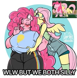 Size: 703x714 | Tagged: safe, artist:shinysolaria, edit, edited screencap, screencap, fluttershy, pinkie pie, earth pony, pegasus, anthro, g4, blushing, bracelet, breasts, busty pinkie pie, chubby, eyes closed, fat, female, jewelry, lesbian, pudgy pie, ship:flutterpie, shipping, solo, thick, tongue out