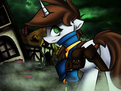 Size: 9600x7200 | Tagged: safe, artist:kranonetwork, oc, oc only, oc:littlepip, pony, unicorn, fallout equestria, butt, clothes, fallout, green sky, gun, handgun, holster, jumpsuit, looking back, pipbuck, pipbutt, pistol, plot, ruins, vault suit, wallpaper, weapon