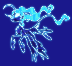 Size: 1198x1092 | Tagged: safe, artist:webkinzworldz, princess luna, alicorn, pony, g4, alternate design, blue background, chest fluff, crescent horn, curved horn, ears back, female, flying, glowing, glowing eyes, glowing mane, glowing tail, horn, leg fluff, leonine tail, mare, outline, simple background, solo, tail, tail feathers, white eyes, wings, wings down