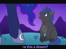 Size: 2000x1500 | Tagged: safe, artist:galaxylatte, princess luna, oc, oc:galaxylatte, alicorn, pony, unicorn, g4, baby, baby pony, curious, dream, female, filly, foal, night, outdoors, royalty, scene, simple background, solo, wavy mane