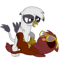 Size: 2578x2645 | Tagged: safe, artist:beesmeliss, oc, oc only, oc:gareth, oc:gilbert, griffon, chickub, glasses, high res, paw pads, simple background, tickling, transparent background