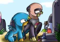 Size: 2038x1429 | Tagged: safe, artist:beesmeliss, gallus, grampa gruff, griffon, g4, chibi, gravestone