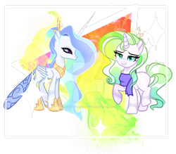 Size: 1280x1122 | Tagged: safe, artist:harmonyvitality-yt, oc, oc only, changepony, dracony, hybrid, pony, unicorn, base used, clothes, deviantart watermark, duo, female, grin, horn, interspecies offspring, mare, obtrusive watermark, offspring, parent:princess celestia, parent:rarity, parent:spike, parent:thorax, parents:sparity, parents:thoralestia, scarf, simple background, smiling, transparent background, unicorn oc, watermark