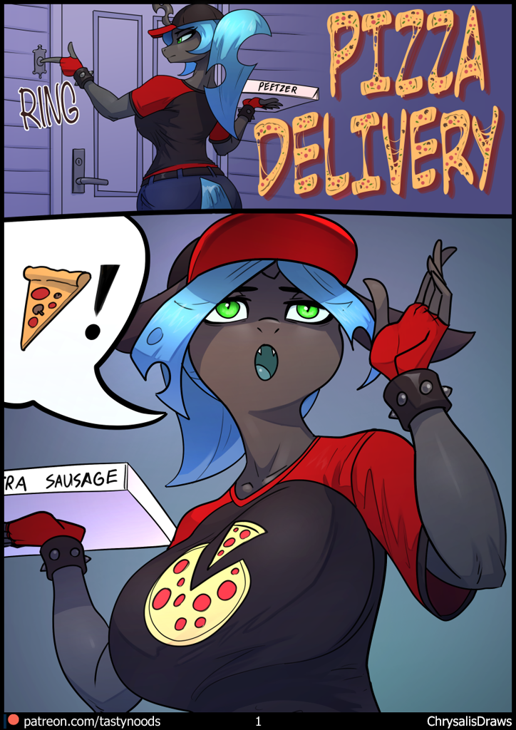 [alternate hairstyle,anthro,breasts,changeling,changeling queen,clothes,comic,fangs,fingerless gloves,food,gloves,open mouth,pizza,pizza box,queen chrysalis,safe,speech bubble,pizza delivery,peetzer,busty queen chrysalis,artist:chrysalisdraws,comic:pizza delivery]