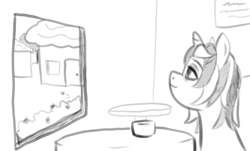 Size: 857x517 | Tagged: safe, artist:zan logemlor, oc, oc:fine wine, pony, unicorn, female, grayscale, horn, house, mare, monochrome, solo, table, unicorn oc, window