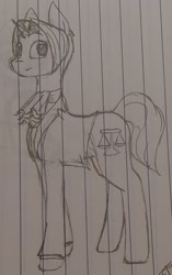 Size: 1014x1617 | Tagged: safe, artist:those kids in the corner, pony, unicorn, ace attorney, clothes, cravat, miles edgeworth, ponified, standing, suit, traditional art