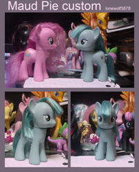 Size: 1024x1265 | Tagged: safe, artist:lonewolf3878, bon bon, maud pie, pinkie pie, spike, sweetie drops, dragon, earth pony, pony, g4, alternate hair color, brushable, customized toy, female, funko, irl, male, mare, photo, text, toy, wrong hair color