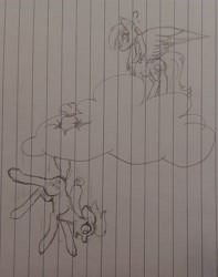 Size: 1498x1904 | Tagged: safe, artist:those kids in the corner, applejack, rainbow dash, earth pony, pegasus, pony, g4, cloud, confused, falling, scared, traditional art