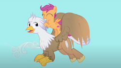 Size: 1280x721 | Tagged: safe, artist:mlp-silver-quill, scootaloo, oc, oc:silver quill, hippogriff, pegasus, pony, after the fact, after the fact:rah! rah! rainbow!, g4, cute, cutealoo, duo, hippogriff oc, ocbetes, scootalove