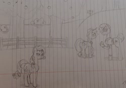 Size: 2758x1920 | Tagged: safe, artist:those kids in the corner, applejack, rarity, trenderhoof, earth pony, pony, unicorn, g4, angry, fence, looking at each other, looking at someone, sweet apple acres, traditional art