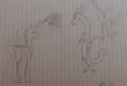 Size: 2794x1896 | Tagged: safe, artist:those kids in the corner, discord, fluttershy, princess celestia, princess luna, alicorn, draconequus, pegasus, pony, g4, female, folded wings, frown, grin, group, high res, levitation, lined paper, magic, male, mare, mismatched wings, quartet, sheepish grin, sketch, sleeping, smiling, spread wings, telekinesis, trade, traditional art, upside down, wings