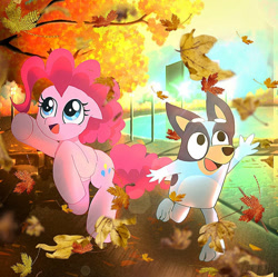 Size: 896x892 | Tagged: safe, artist:jaanhavi, pinkie pie, dog, earth pony, pony, semi-anthro, g4, australian cattle dog, autumn, bluey, bluey heeler, crossover, duo, duo female, female, leaves, open mouth, open smile, reaching, smiling