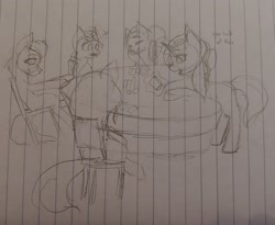 Size: 2344x1920 | Tagged: safe, artist:those kids in the corner, oc, unnamed oc, earth pony, pegasus, pony, unicorn, chair, leaning back, poker, poker chips, smiling, table, traditional art