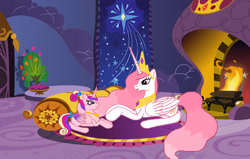 Size: 1120x714 | Tagged: safe, artist:valpinamoon, princess cadance, princess celestia, pony, g4, canterlot castle, crown, cute, cutedance, cutelestia, female, filly, filly cadance, fireplace, jewelry, momlestia, peytral, regalia, sweet dreams fuel, wholesome, younger