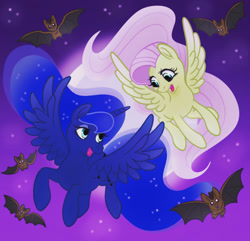 Size: 640x616 | Tagged: safe, artist:stormywitch90, fluttershy, princess luna, alicorn, bat, pegasus, pony, g4, cute, duo, duo female, female, flying, full moon, looking at each other, looking at someone, lunabetes, mare, moon, night, night sky, open mouth, open smile, shyabetes, sky, smiling, stars