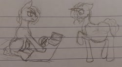 Size: 2045x1130 | Tagged: safe, artist:those kids in the corner, oc, oc:spark, oc:watercress, earth pony, pony, unicorn, angry, computer, laptop computer, lined paper, phone, pregnant, sad, sketch, table, traditional art, vent art