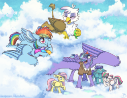 Size: 1600x1237 | Tagged: safe, artist:inuhoshi-to-darkpen, blossomforth, fluttershy, gilda, open skies, rainbow dash, oc, pegasus, pony, g4, angry, balloon, clothes, cloud, cross-popping veins, ear fluff, emanata, eyebrows, eyebrows visible through hair, eyes closed, female, filly, filly fluttershy, filly rainbow dash, foal, laughing, male, open mouth, raised hoof, stallion, younger