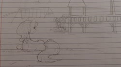 Size: 2908x1632 | Tagged: safe, artist:those kids in the corner, oc, unnamed oc, earth pony, pony, foal, happy, lined paper, playground, sketch, swing, traditional art