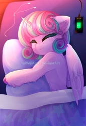 Size: 720x1051 | Tagged: safe, artist:taiweiart, princess flurry heart, alicorn, pony, semi-anthro, g4, adult blank flank, blank flank, cellphone, constellation, cute, earbuds, eyes closed, female, flurrybetes, hug, mare, older, older flurry heart, phone, pillow, pillow hug, sleeping, smartphone, solo