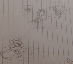 Size: 2024x1755 | Tagged: safe, artist:those kids in the corner, sweetie belle, alicorn, pony, unicorn, g4, alicornified, bed, dream, eyes closed, fire, lined paper, race swap, sketch, smiling, sweetiecorn, thought bubble, traditional art