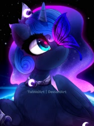 Size: 1500x2000 | Tagged: safe, artist:taiweiart, princess luna, butterfly, pony, g4, :o, butterfly on nose, chest fluff, ethereal mane, eyelashes, female, heart, heart eyes, insect on nose, jewelry, mare, open mouth, solo, sparkly mane, starry mane, tiara, wingding eyes