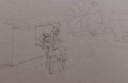 Size: 2942x1920 | Tagged: safe, artist:those kids in the corner, oc, oc:spark, earth pony, pony, unicorn, carnival, fair, ferris wheel, festival, traditional art, vendor, vendor stall, walking