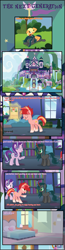 Size: 1152x4435 | Tagged: safe, applejack, starlight glimmer, oc, oc:nightshade (digimonlover101), oc:star curve, changepony, hybrid, pony, unicorn, comic:the next generation, g4, bed, female, interspecies offspring, mare, offspring, parent:king sombra, parent:queen chrysalis, parent:starlight glimmer, parent:sunburst, parents:chrysombra, parents:starburst