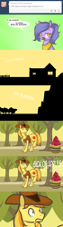 Size: 1280x4557 | Tagged: safe, artist:lolepopenon, braeburn, oc, oc:billie, earth pony, pony, ask billie the kid, g4, apple, ask, clothes, comic, female, filly, foal, food, fruit heresy, hat, jacket, male, sad, stallion