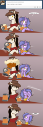 Size: 1280x3831 | Tagged: safe, artist:lolepopenon, oc, oc:billie, oc:wildcard, earth pony, pony, ask billie the kid, ask, comic, duo, female, filly, foal, hat, male, prank, stallion