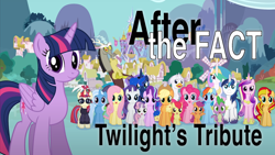 Size: 1280x721 | Tagged: safe, artist:mlp-silver-quill, apple bloom, applejack, discord, fluttershy, moondancer, pinkie pie, princess cadance, princess celestia, princess luna, rainbow dash, rarity, scootaloo, shining armor, spike, starlight glimmer, sunset shimmer, sweetie belle, trixie, twilight sparkle, oc, oc:silver quill, alicorn, pony, after the fact, after the fact:twilight's tribute, g4, apple bloom's bow, applejack's hat, bow, cowboy hat, crown, cutie mark crusaders, hair bow, hat, jewelry, mane six, peytral, ponyville, regalia, title card, twilight sparkle (alicorn), twilight's castle