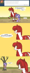 Size: 1280x3117 | Tagged: safe, artist:lolepopenon, oc, oc:billie, oc:desert willow, earth pony, pony, ask billie the kid, ask, comic, duo, rope, shrunken pupils, tied up, tree
