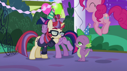 Size: 1280x720 | Tagged: safe, screencap, moondancer, pinkie pie, spike, twilight sparkle, alicorn, earth pony, pony, unicorn, amending fences, g4, my little pony: friendship is magic, season 5, cute, dancerbetes, diapinkes, female, folded wings, happy, hug, jumping, male, mare, smiling, trio, trio female, twiabetes, twilight sparkle (alicorn), wings