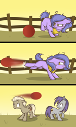 Size: 1152x1920 | Tagged: safe, artist:lolepopenon, oc, oc:billie, earth pony, pony, ask billie the kid, ask, ball, bucking, colt, comic, female, filly, foal, male