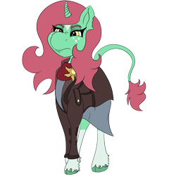Size: 1000x1000 | Tagged: safe, artist:gray star, oc, oc:minty shine (graystar), classical unicorn, pony, unicorn, fallout equestria, clothes, cloven hooves, cultist, curved horn, dress, fallout equestria:all things unequal (pathfinder), female, freckles, grumpy, horn, jacket, leonine tail, simple background, tail, transparent background, unshorn fetlocks, wingding eyes