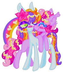 Size: 1153x1316 | Tagged: safe, artist:webkinzworldz, chocolate chipper, paradise island, earth pony, pony, g3, blushing, colored eyelashes, crack shipping, duo, ear fluff, ear tufts, eyes closed, eyeshadow, female, flower, flower in hair, green eyes, heart, heart eyes, lesbian, looking at someone, makeup, ship:chipperparadise, shipping, simple background, sparkly mane, sparkly tail, tail, transparent background, wingding eyes