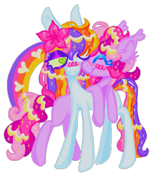 Size: 1153x1316 | Tagged: safe, artist:peaceandlove26, chocolate chipper, paradise island, earth pony, pony, g3, blushing, colored eyelashes, crack shipping, duo, ear fluff, ear tufts, eyes closed, eyeshadow, female, flower, flower in hair, green eyes, heart, heart eyes, lesbian, looking at someone, makeup, ship:chipperparadise, shipping, simple background, sparkly mane, sparkly tail, tail, transparent background, wingding eyes