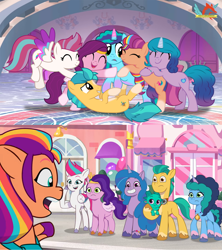 Size: 3530x3978 | Tagged: safe, artist:ejlightning007arts, edit, edited screencap, screencap, hitch trailblazer, izzy moonbow, misty brightdawn, pipp petals, sparky sparkeroni, sunny starscout, zipp storm, dragon, earth pony, pegasus, pony, unicorn, g4, g5, my little pony: tell your tale, sunny's smoothie moves, spoiler:g5, spoiler:my little pony: tell your tale, spoiler:tyts01e47, ^^, baby, baby dragon, base used, bracelet, coat markings, crystal brighthouse, eyes closed, female, flying, g5 to g4, generation leap, group hug, high res, hug, jewelry, lying down, male, mane five, mane seven (g5), mane six (g5), mane stripe sunny, mare, medallion, necklace, reference, royal sisters (g5), siblings, sisters, socks (coat markings), stallion, watermark