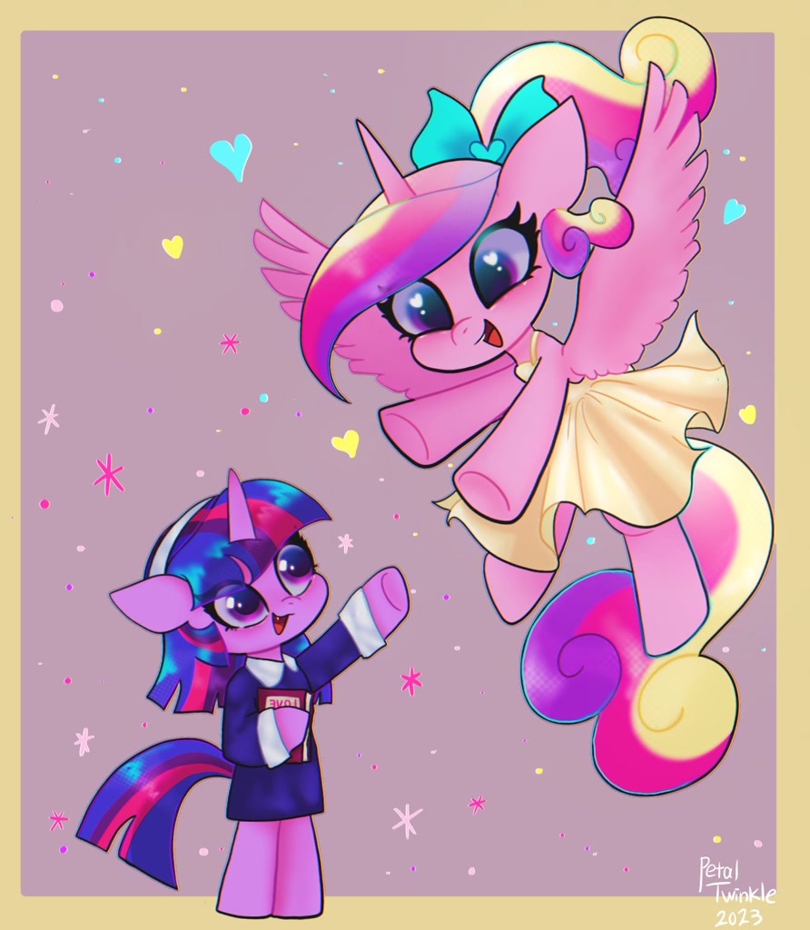 [alicorn,book,clothes,cute,dress,duo,female,filly,heart,heart eyes,princess cadance,safe,semi-anthro,signature,stars,twilight sparkle,unicorn,wingding eyes,wings,younger,looking at each other,teen princess cadance,twiabetes,smiling,spread wings,cutedance,floating heart,unicorn twilight,filly twilight sparkle,looking at someone,smiling at each other,artist:petaltwinkle]